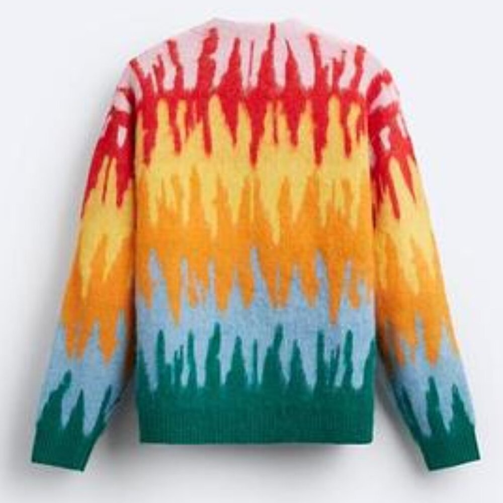 ZARA V-Neck Brushed Shag Cardigan, Vibrant Multicolor All-Over Print, Sz S-M - Picture 3 of 11